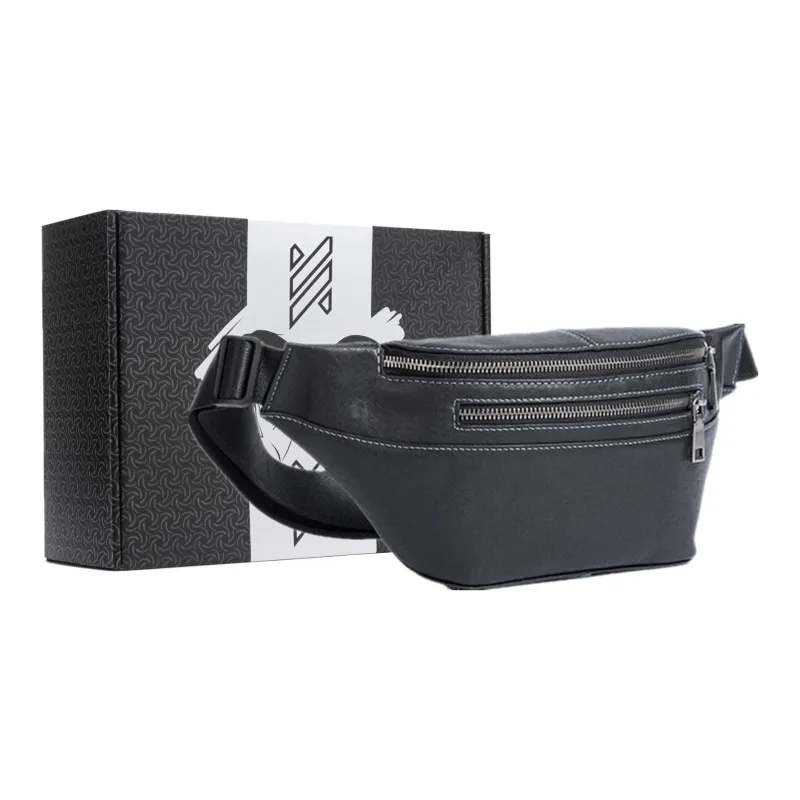 NOMK Vegetable Tanned Top Grain Cow Leather Crossbody Bag Sling Bag Fanny Pack Small Size Men's Black-5