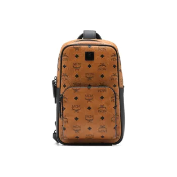 MCM Aren Leather Sling Bag Small Size Unisex Cognac
