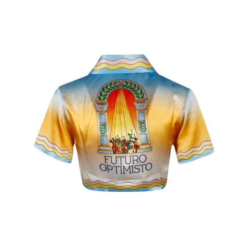 CASABLANCA Cuban Collar Cropped Silk Short Sleeve Shirt 'La Danse'-1