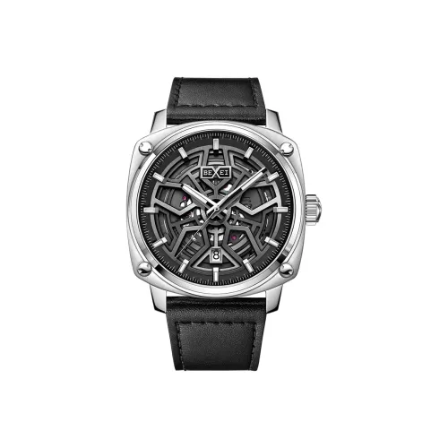 BEXEI Urban Road Mechanical Movement Genuine Leather Strap Watch Men's Watches Black Dial 9057 YKHM