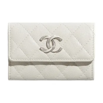 CHANEL Bright Logo Grain Litchi Grain Cow Leather Card Holder, Wallet Women's White