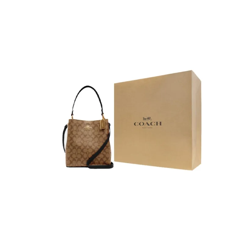 COACH Town Canvas With Leather Bucket Bag Handbag Shoulder Bag Crossbody Bag Medium Size Women's Brown-0
