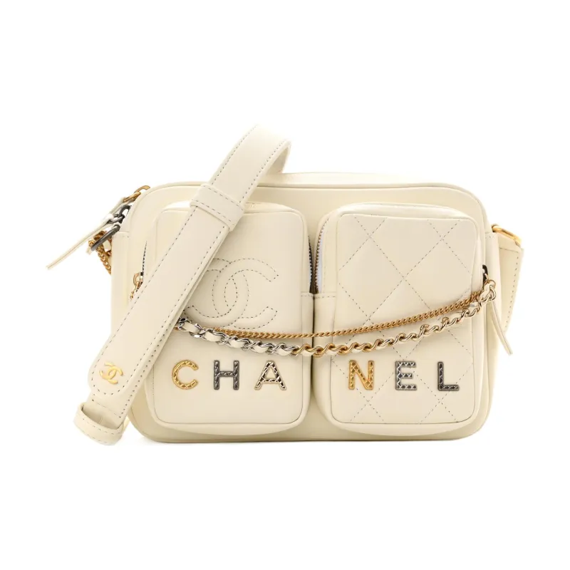 CHANEL 23P SS Calfskin Camera Bag, One Shoulder Handheld, Crossbody Bag Trumpets Women's White-0