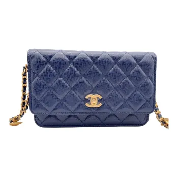 CHANEL Grain Embossed Caviar Cow Leather Woc Wallet On Chain Shoulder Bag, Crossbody Bag Women's Blue Black