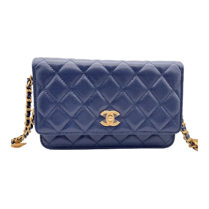 CHANEL Grain Embossed Caviar Cow Leather Woc Wallet On Chain Shoulder Bag, Crossbody Bag Women's Blue Black-0