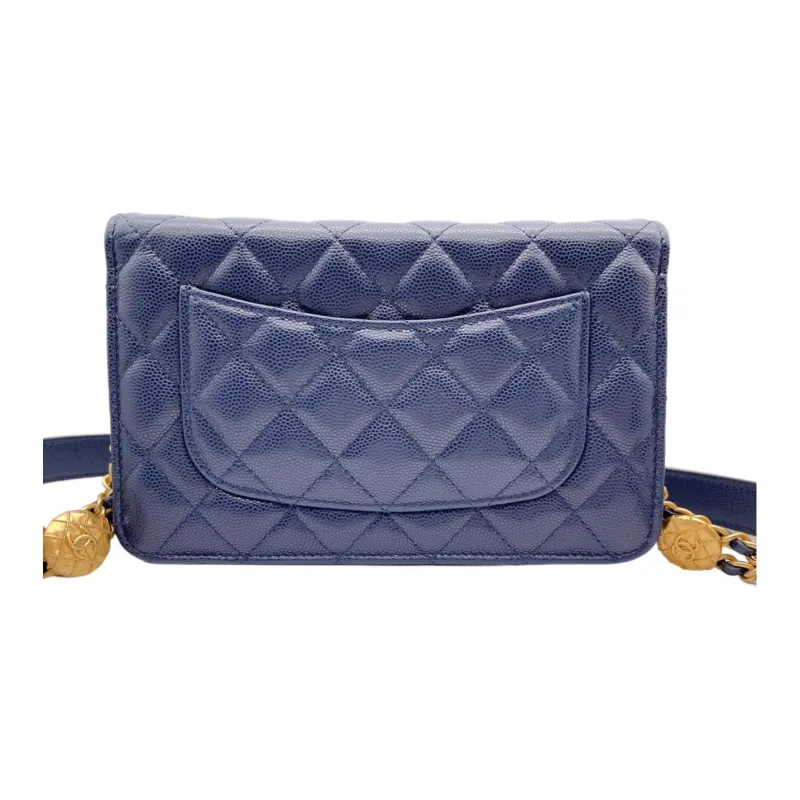 CHANEL Grain Embossed Caviar Cow Leather Woc Wallet On Chain Shoulder Bag, Crossbody Bag Women's Blue Black-1