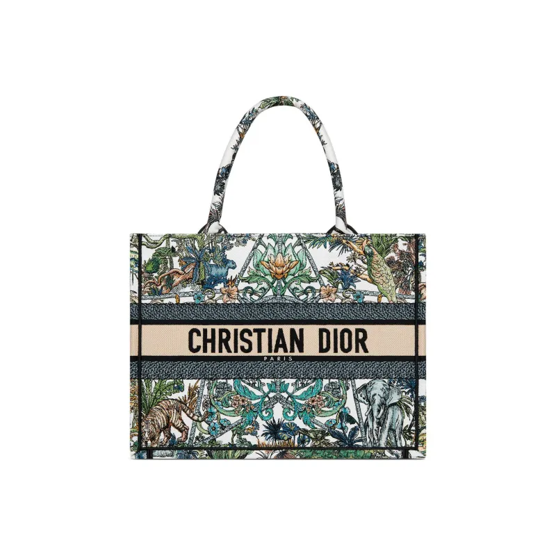 DIOR Embroidery Tote Bag, Shopping Bag, Handbag Medium Size Women's White/Multicolor-0