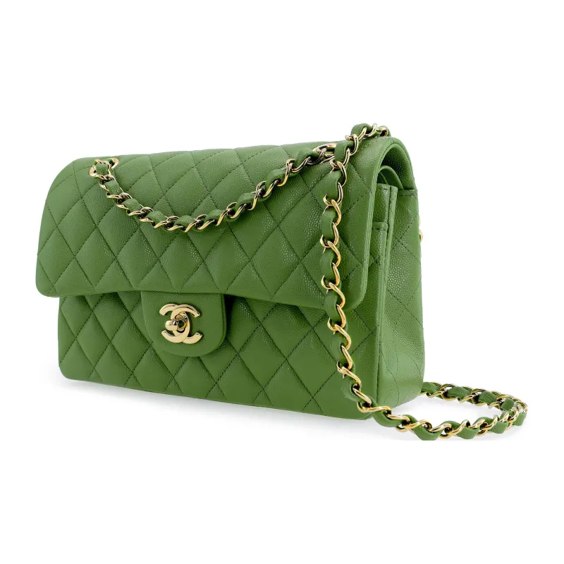 CHANEL Classic Flap CF Grain Embossed Caviar Cow Leather Flap Bag, Crossbody Bag, Shoulder Bag Trumpets Women's Green-1