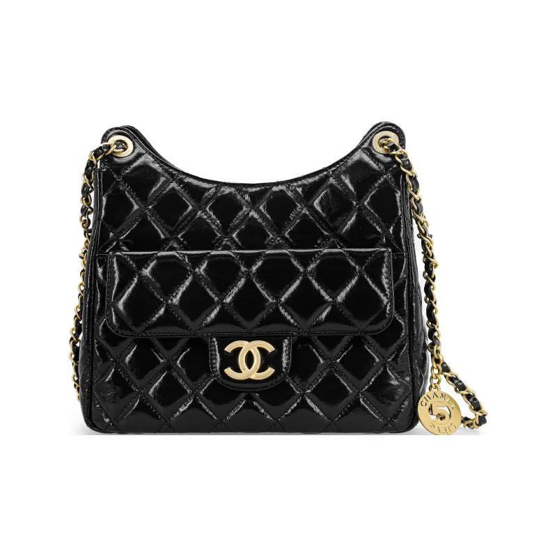 CHANEL 23C Spring HOBO Calfskin Hippie Bag, Shoulder Bag, Crossbody Bag Medium Size Women's Black-1