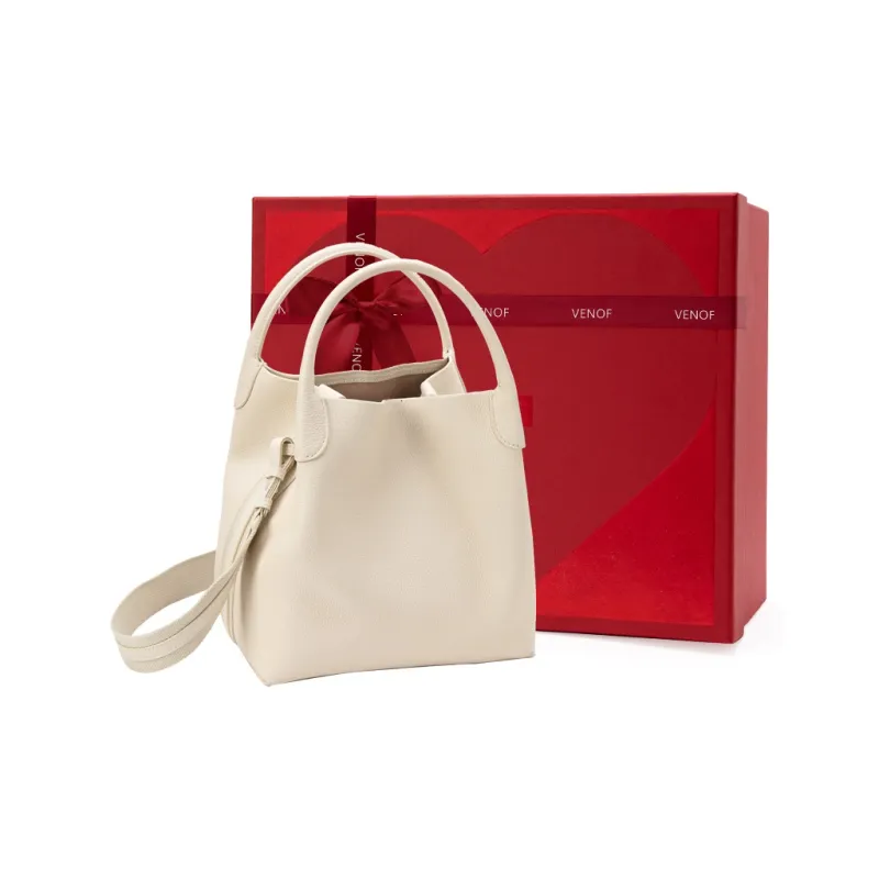 VENOF Cow Leather Bucket Bag, Crossbody Handbag Large Size Women's Haier Gray/Pastoral White-22