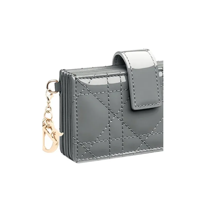 DIOR Lady Dior Cow Leather Wicker Pattern Coin Purse Card Clip Card Holder Women's Rock Gray-1