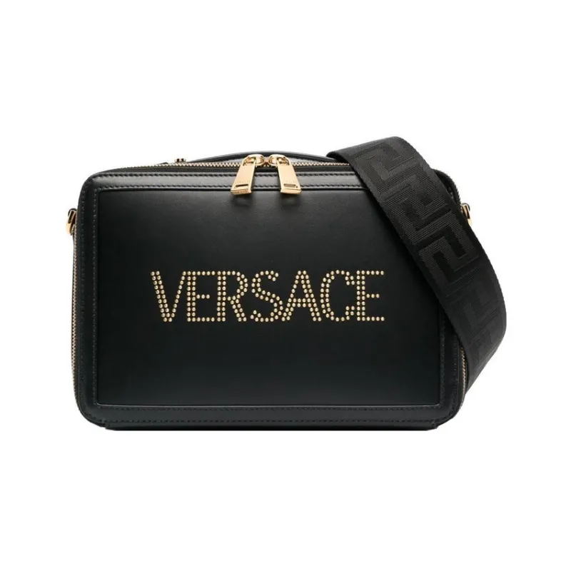 VERSACE Calfskin Messenger Bag, Handbag, Shoulder Bag, Crossbody Bag Men's Black-0