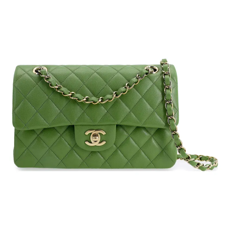 CHANEL Classic Flap CF Grain Embossed Caviar Cow Leather Flap Bag, Crossbody Bag, Shoulder Bag Trumpets Women's Green-0