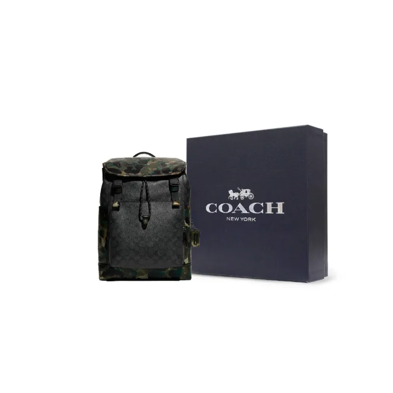 COACH Coated Canvas With Soft Pebbled Leather Backpack Large Size Men's Black Monogram With Camouflage-5
