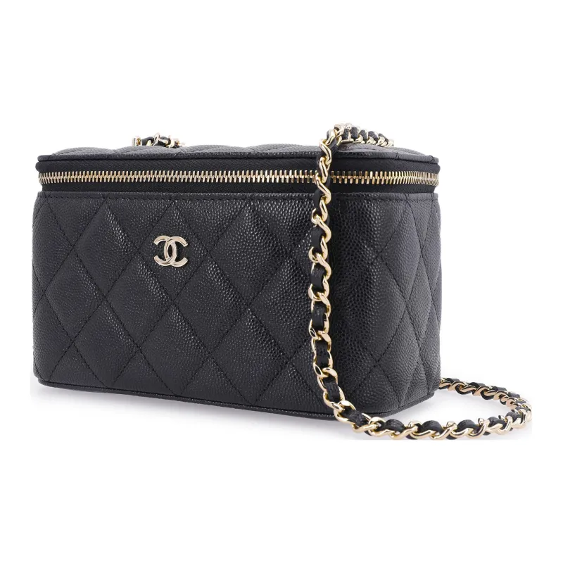 CHANEL Litchi Grain Cow Leather Box Bag, Makeup Bag, Shoulder Bag, Crossbody Bag Unisex Black-1