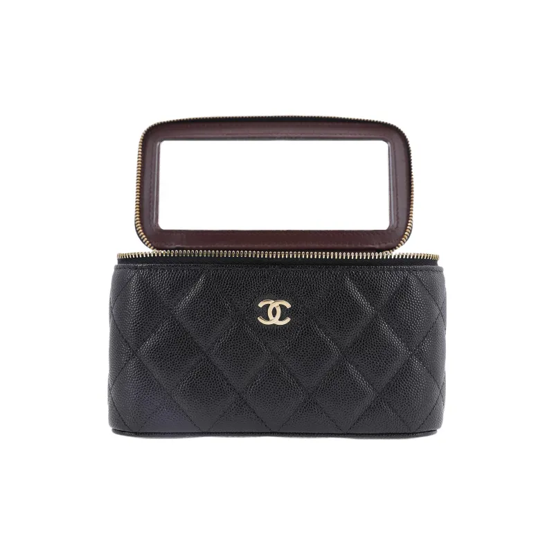 CHANEL Litchi Grain Cow Leather Box Bag, Makeup Bag, Shoulder Bag, Crossbody Bag Unisex Black-4