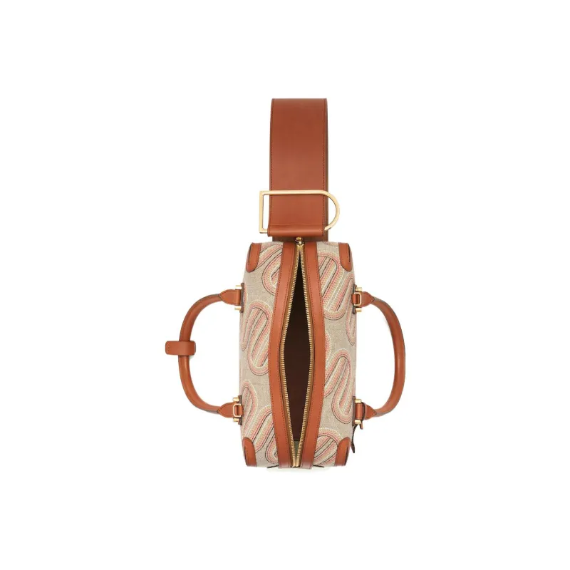 Delvau Cool Bo Linen Canvas With Calfskin Canvas Bag Shoulder Bag Crossbody Bag Handbag Medium Size Women's Brown/Beige-2