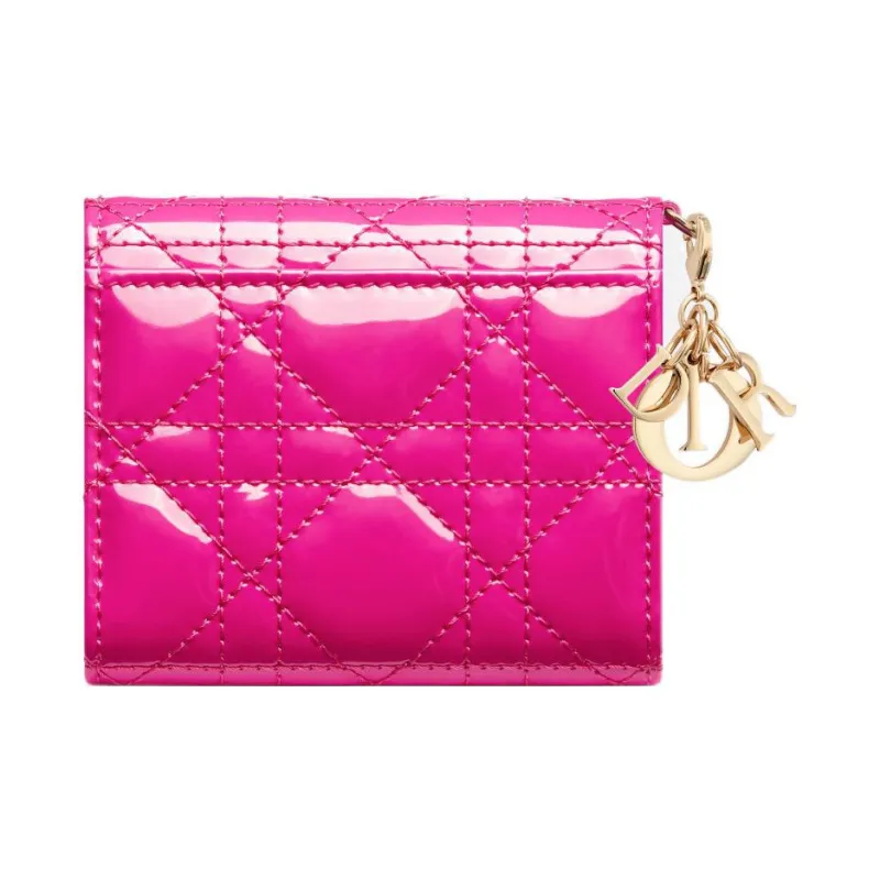 DIOR Lady Dior Patent Leather Calfskin Wallet Women's Rose Red-1