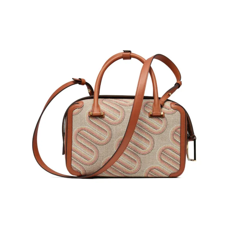 Delvau Cool Bo Linen Canvas With Calfskin Canvas Bag Shoulder Bag Crossbody Bag Handbag Medium Size Women's Brown/Beige-3