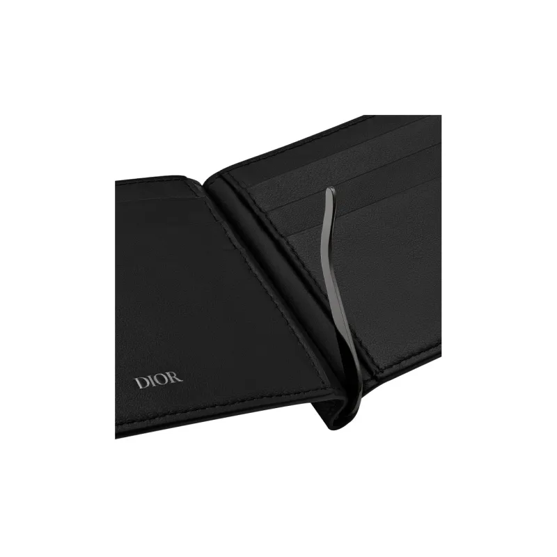 DIOR Jacquard Fabric Cash Clip Card Holder Wallet Men's Black-4