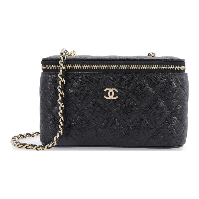 CHANEL Litchi Grain Cow Leather Box Bag, Makeup Bag, Shoulder Bag, Crossbody Bag Unisex Black-0