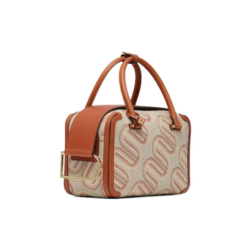 Delvau Cool Bo Linen Canvas With Calfskin Canvas Bag Shoulder Bag Crossbody Bag Handbag Medium Size Women's Brown/Beige-1