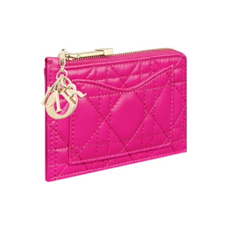 DIOR Lady Dior Lambskin Card Holder Women's Rose Red-1