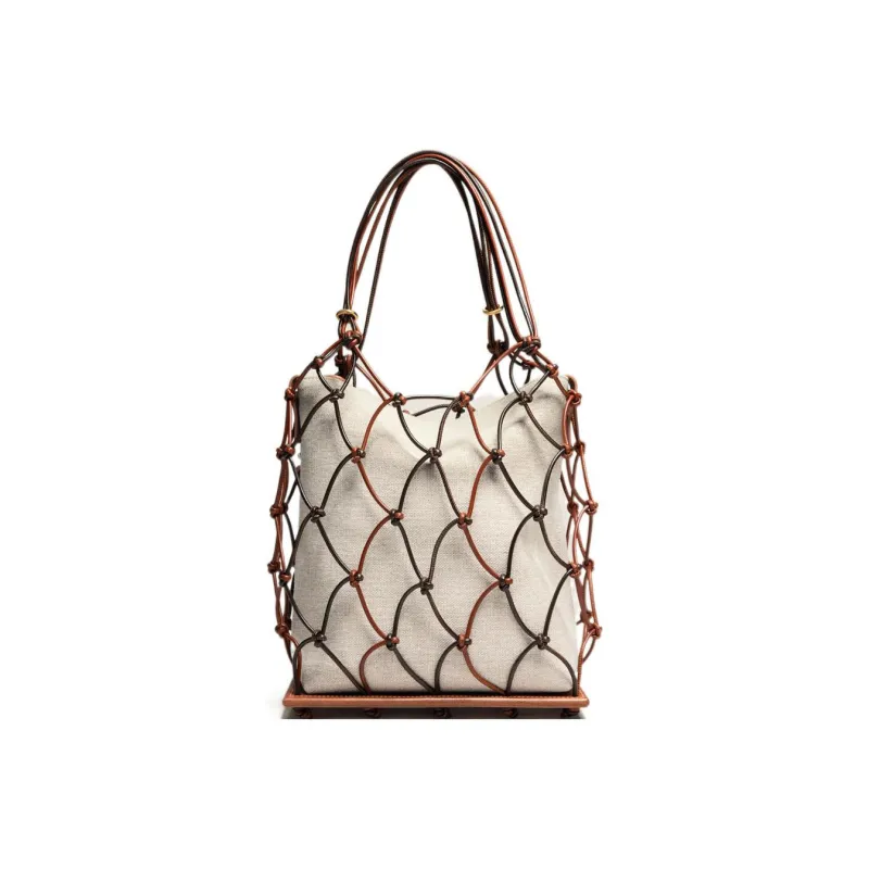 Jacquemus Cotton Canvas With Cow Leather Patchwork Canvas Bag With Fishnet Portable Women's Brown-3