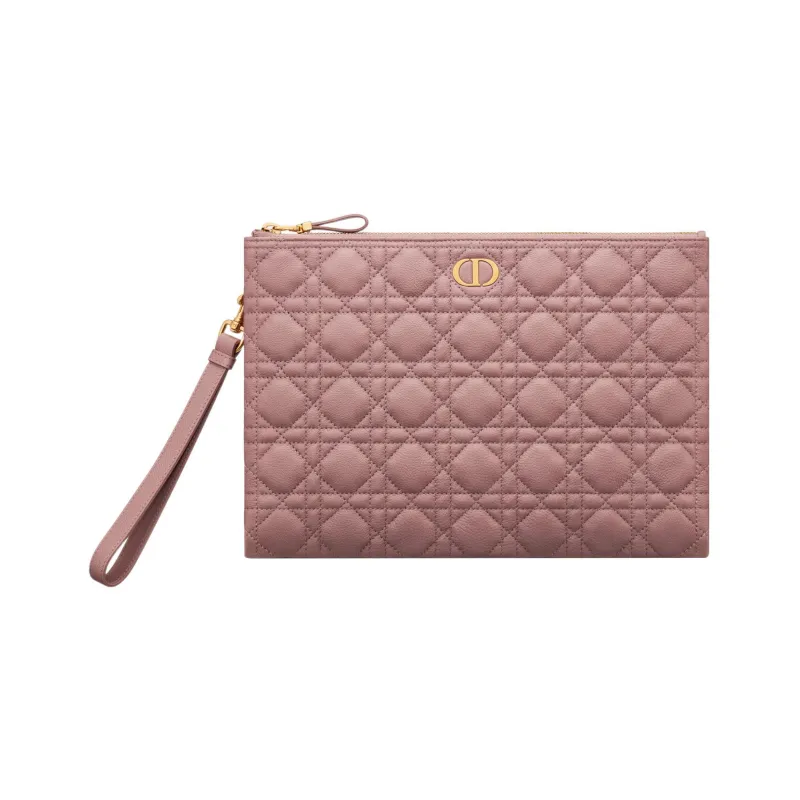 DIOR Caro Cow Leather Portable Clutch Large Size Women's Pink Peony-0