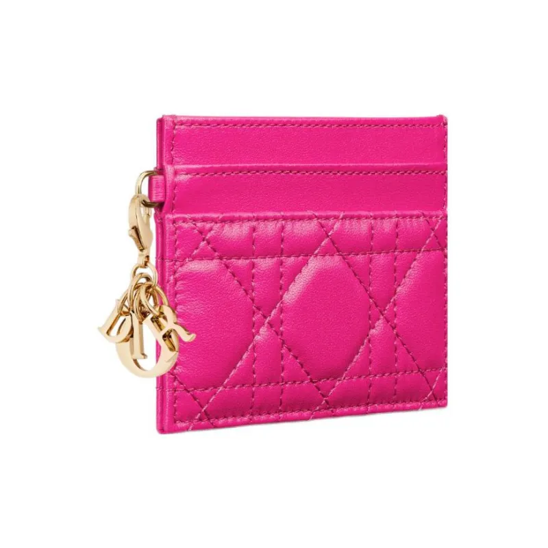 DIOR Lady Dior Sheepskin Card Holder Women's Rose Red-1