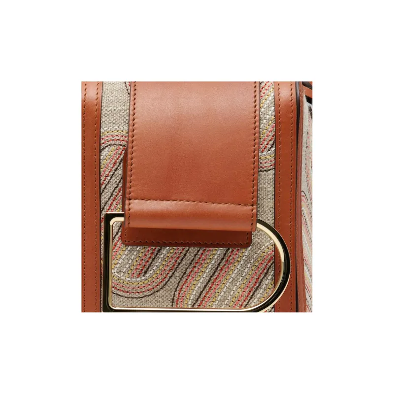 Delvau Cool Bo Linen Canvas With Calfskin Canvas Bag Shoulder Bag Crossbody Bag Handbag Medium Size Women's Brown/Beige-5