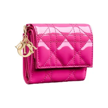 DIOR Lady Dior Patent Leather Calfskin Wallet Women's Rose Red