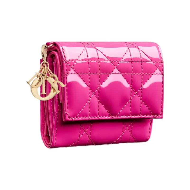 DIOR Lady Dior Patent Leather Calfskin Wallet Women's Rose Red-0