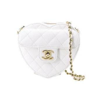 CHANEL Sheepskin Patchwork With Metal Heart Shaped Shoulder Bag Crossbody Bag Small Size Women's White