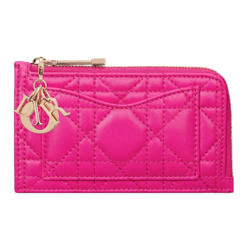 DIOR Lady Dior Lambskin Card Holder Women's Rose Red-0