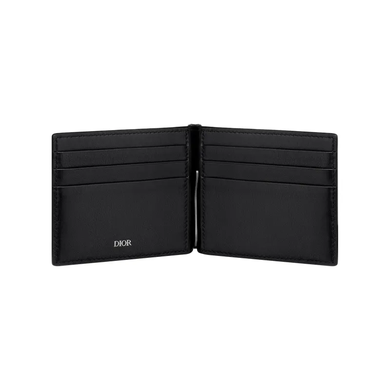 DIOR Jacquard Fabric Cash Clip Card Holder Wallet Men's Black-2