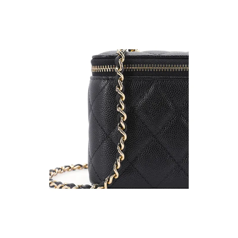 CHANEL Litchi Grain Cow Leather Box Bag, Makeup Bag, Shoulder Bag, Crossbody Bag Unisex Black-6