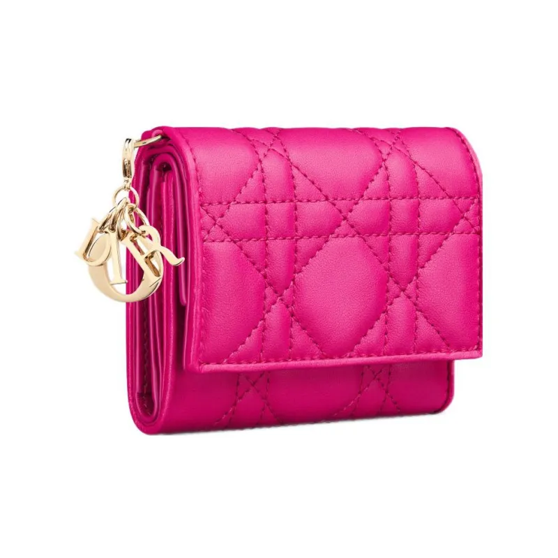 DIOR Lady Dior Soft Lambskin Clutches Card Holder Wallet Women's Rose Red-1