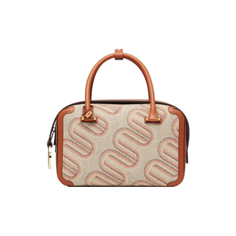 Delvau Cool Bo Linen Canvas With Calfskin Canvas Bag Shoulder Bag Crossbody Bag Handbag Medium Size Women's Brown/Beige-0