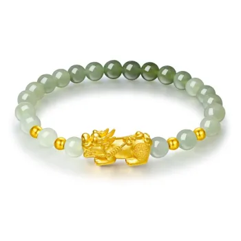 LOVING Gold Swallowing Beast Fortune Bead Hetian Jade Bracelets Women's Pale Greenish-White Jade