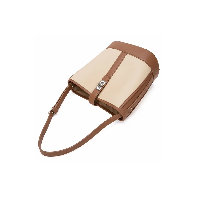VENOF Cow Leather Bucket Bag, Shoulder Bag Medium Size Women's Beige/Brown-4