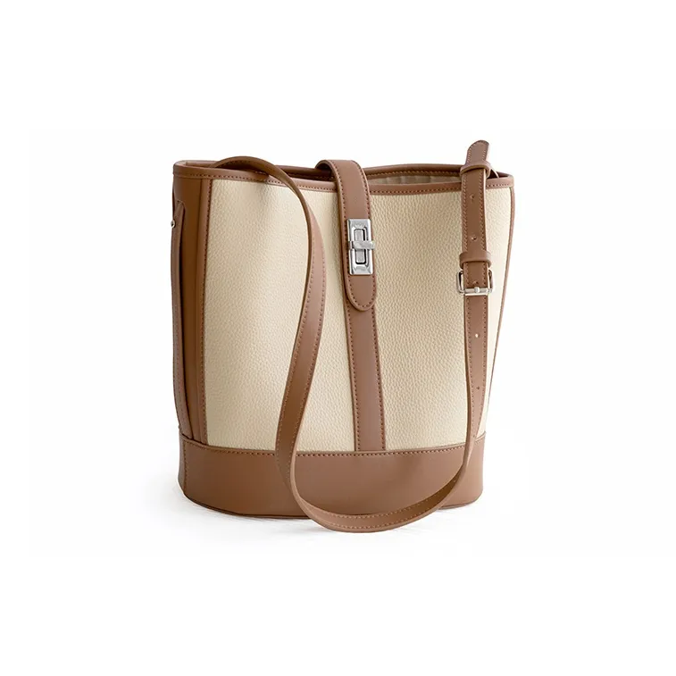 VENOF Cow Leather Bucket Bag, Shoulder Bag Medium Size Women's Beige/Brown-6