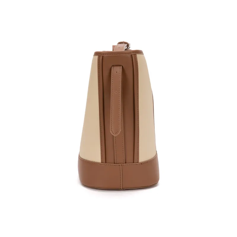 VENOF Cow Leather Bucket Bag, Shoulder Bag Medium Size Women's Beige/Brown-3