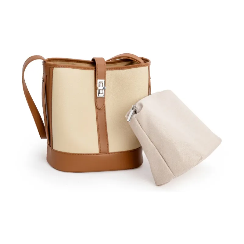 VENOF Cow Leather Bucket Bag, Shoulder Bag Medium Size Women's Beige/Brown-5