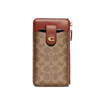 COACH Canvas Cell Phone Pouch Wallet Women's Brown Yellow And Rusty Red