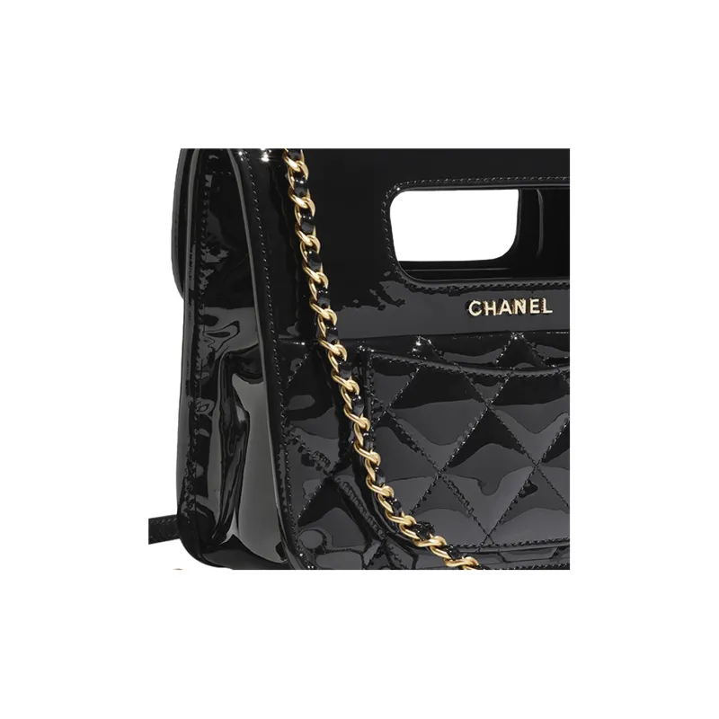 CHANEL Patent Leather Calfskin Portable Crossbody Bag, Shoulder Bag Mini Women's Black-4