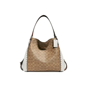 COACH Edie Canvas With Calfskin Tote Bag, Shopping Bag, Handbag, Shoulder Bag Women's Brown & White