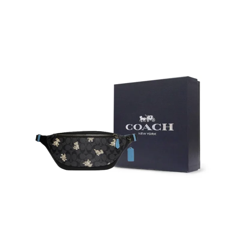 COACH Warren Signature Coated Canvas With Refined Calfskin Shoulder Bag, Fanny Pack Tubas Men's Black-5