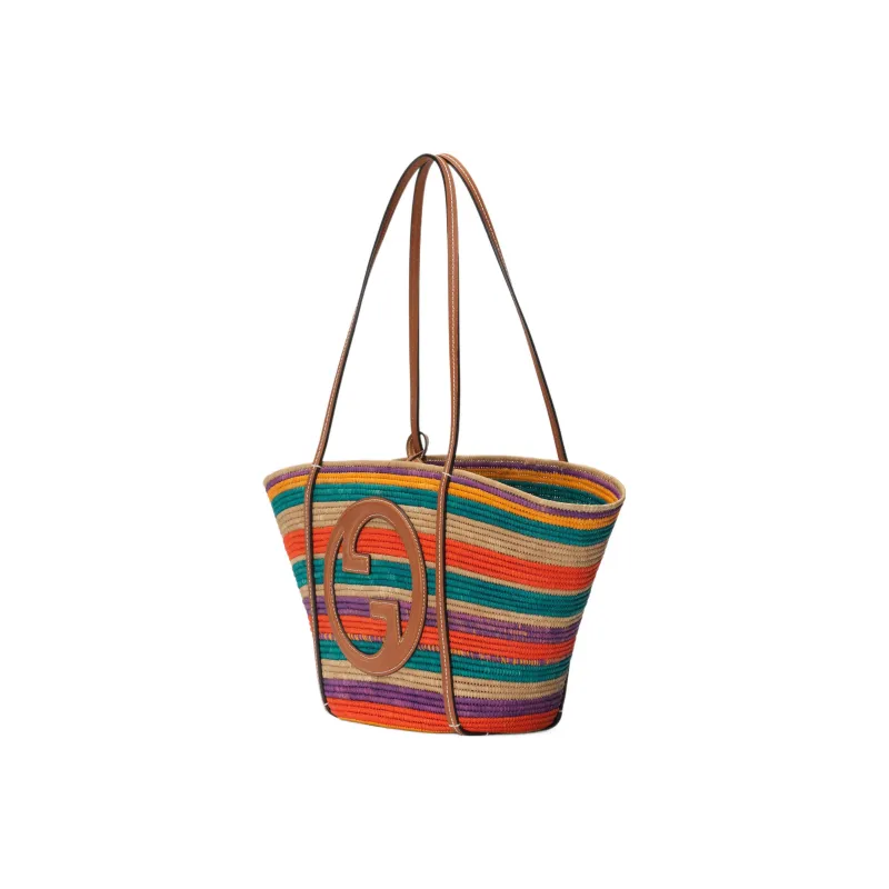 GUCCI Blondie Raffia Leather Trim Tote Bag Shopping Bag Handbag Small Size Women's Multicolor-1