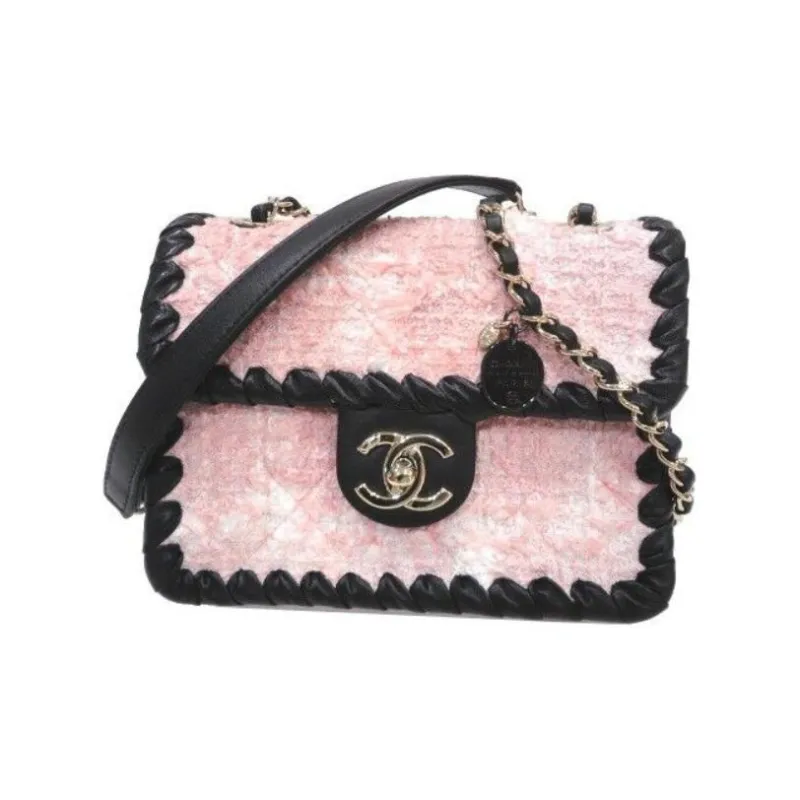 CHANEL Tweed & Calfskin With Gold Metal Flap Bag, Shoulder Bag, Crossbody Bag Mini Women's Pink & Black-0